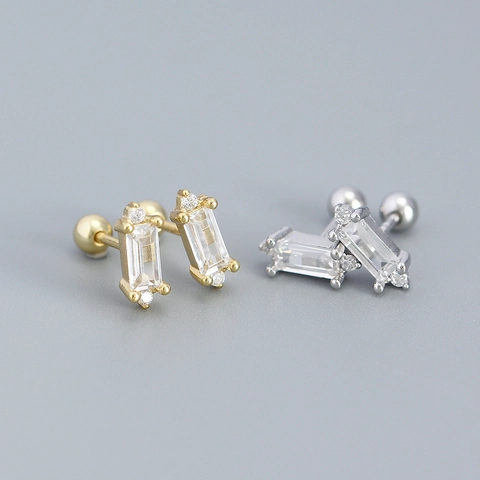 925 Sterling Silver Ear Studs With Rectangular Cubic Zirconia Geometric Screw Ball Back Simple Sparkly Earrings For Women