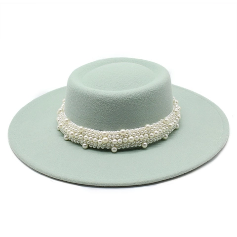 Cappello Boater Retrò Francese Per Donna Tesa Larga Feltro Di Lana Cupola Piatta Cappello Parasole Fascia Di Künstliche Perle Moda Estiva