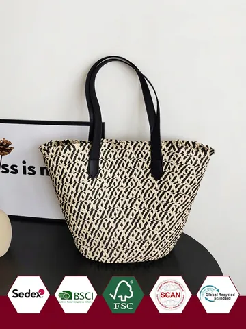 Women Woven Paper Rope Tote Bag Large Capacity Zigzag Pattern Shoulder Bag For Summer Beach Vacation Casual Simple
