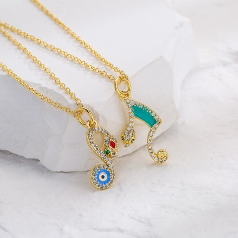 Collana Pendente Serpente Malocchio Vintage Placcato Oro Rame Zircone Smalto Gioielli Geometrici Da Donna
