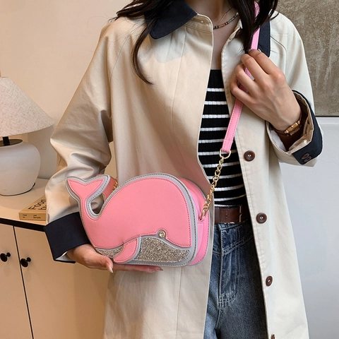 Whale Shaped Crossbody Bag PU Leather And Sequin Glitter Novelty Animal Design Gold Chain Strap Sweet Fashion For Women