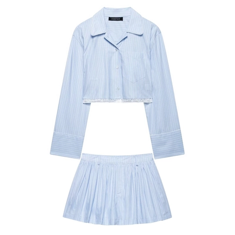 Women Striped Long Sleeve Cropped Shirt With Lace Hem And Pleated Mini Skirt Casual Streetwear