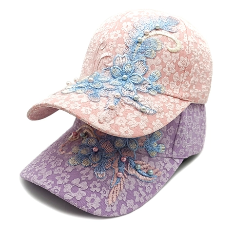 Gorra De Béisbol De Encaje Bordado Floral Para Mujer Sombrero De Sol Con Perlas Artificiales Ajustable Transpirable