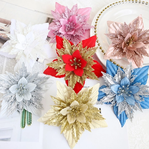 Artificial Christmas Poinsettia Flowers Glitter Fabric Floral Decorations For Christmas Tree Wreath Holiday Ornament