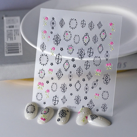 5D Embossed Nail Art Stickers French Vintage Flower Cat Stamp Design Waterproof Adhesive Decals For Women DIY Manicure