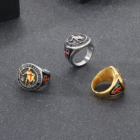 Anello Armatura Di Dio Acciaio Inossidabile Croce Rossa Scudo Cavaliere Templare Gioielli Hip Hop Religiosi Uomo