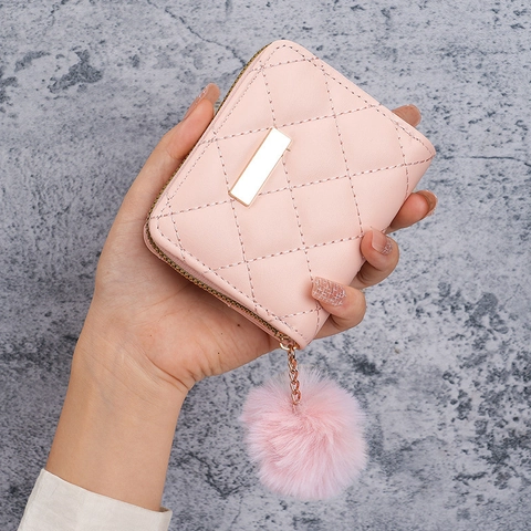 Women Short Wallet Quilted Diamond Pattern PVC Zipper Coin Purse With Pom-Pom Charm Fashion Card Holder Ladies Mini Bag