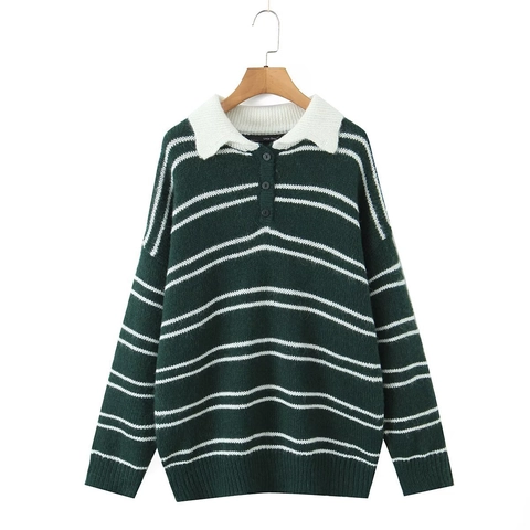 Women Striped Knitted Sweater Polo Collar Long Sleeve Loose Pullover Contrast Color Elegant Autumn Winter Top