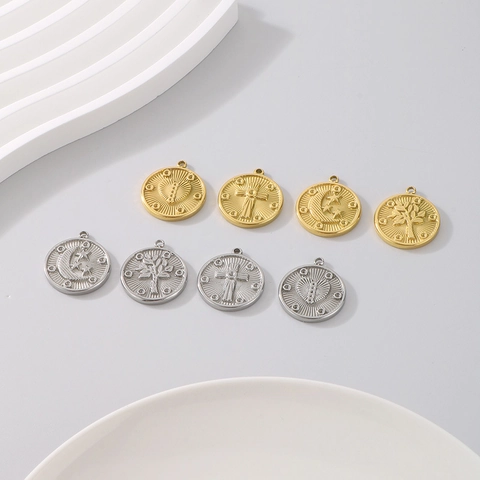 Ciondolo Rotondo Acciaio Inossidabile Placcato Oro 18K Sole Luna Cuore Croce Albero Della Vita Accessori Gioielli DIY