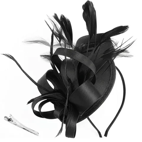 Elegant Fascinator Hat Headband For Women Satin Ribbon Feather Retro Wedding Party Cocktail Church Hair Accessories