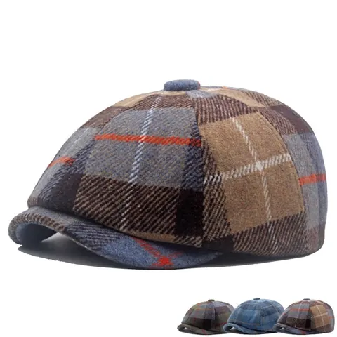 Berretto Newsboy Plaid Vintage Misto Lana Berretto Regolabile Da Uomo Stile Britannico Retro Inverno Caldo