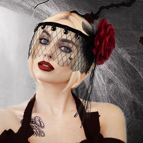 Cerchietto Con Velo Gotico Con Rosa Rossa Rete Nera E Nappe Di Pizzo Per Festa Di Halloween Mascherata Gatsby Cosplay Retro