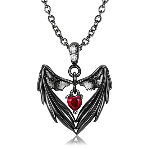 Collana con Pendente a Cuore con Ali d'Angelo in Argento Sterling 925 per Donna Placcato Canna di Fucile Strass Rosso
