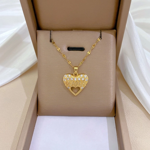 Heart Shaped Mama Necklace Golden Titanium Steel Chain Copper Pendant Rhinestone Jewelry Women Mother Gift