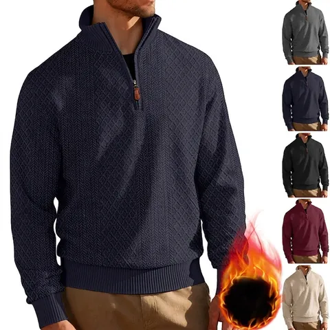Men Quarter Zip Sweatshirt Jacquard Textured Fleece Lined Stand Collar Long Sleeve Casual Solid Color