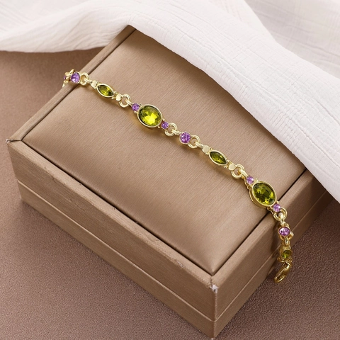 Bracciale In Lega Con Strass Vintage Per Donna Pietra Ovale Verde E Rotonda Viola Placcato Oro Gioielli Di Moda
