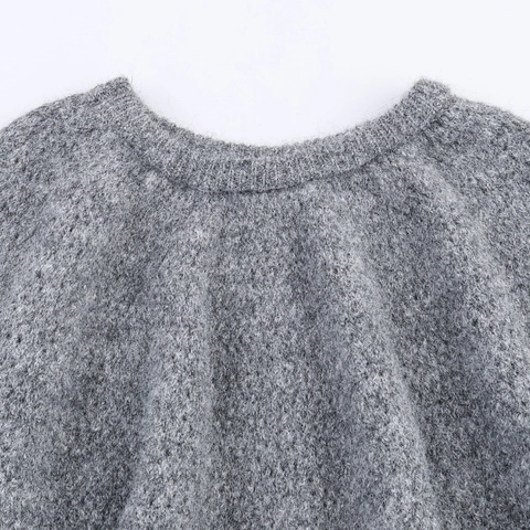 Grijze Gebreide Trui Dames Ronde Hals Ruches Manchetten Opengewerkt Zacht Comfortabel Casual Top Met Lange Mouwen