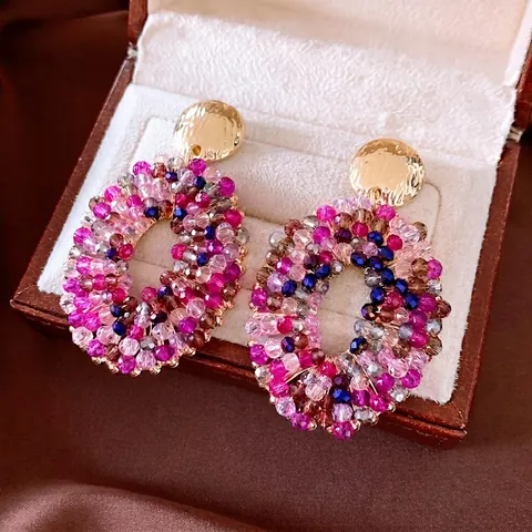 Bohemian Vintage Beaded Oval Hoop Earrings Glass Beads Alloy Hammered Texture With 925 Sterling Silver Earring Post