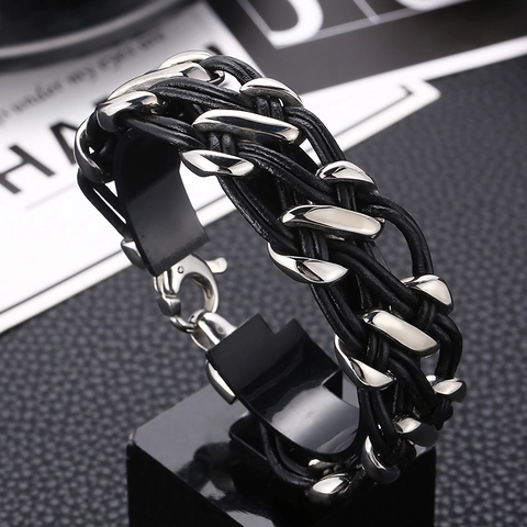 Geflochtenes Lederarmband Edelstahl Kuhleder Mehrlagig Punk Vintage Schmuck Für Männer Modeaccessoire
