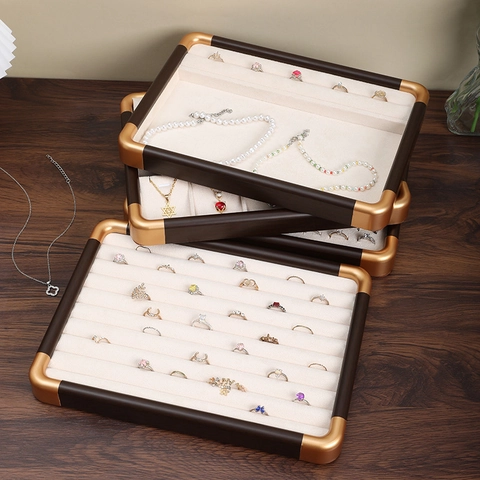Jewelry Display Tray Walnut Wood Frame Gold Metal Corners Velvet Interior Organizer Rings Necklaces Stacking Luxury
