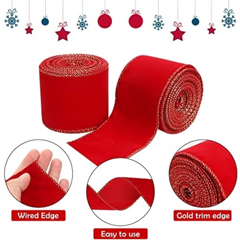 Red Velvet Christmas Ribbon With Wired Gold Edge For Gift Wrap Wreath Tree Topper Holiday Decoration