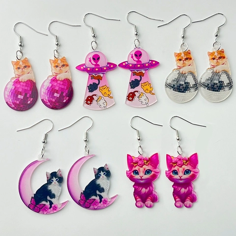 Süße Katzen Ohrhänger Acryl Mit Eisenhaken Pinke Discokugel Mond Alien UFO Neuheit Schmuck Für Damen