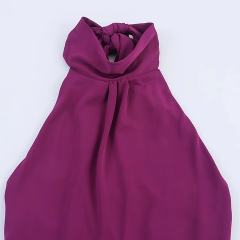 Dames Sexy Halternek Maxi Jurk Met Geplooide Details En Uitsparingen Polyester Satijn Look Rugloos Avondfeest Bodycon Jurk Paars