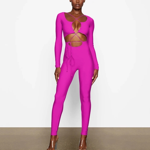Sexy Lange Mouwen Cut-Out Veter Rugloos Strakke Jumpsuit Voor Dames Polyester Streetwear Slank Afkleden Mode