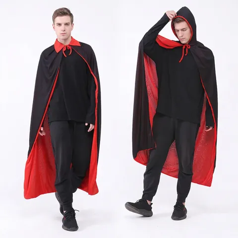 Mantello Halloween Reversibile Doppio Strato Rosso Nero Tessuto Maglia Costume Vampiro Strega Cappuccio Collo Alto Unisex