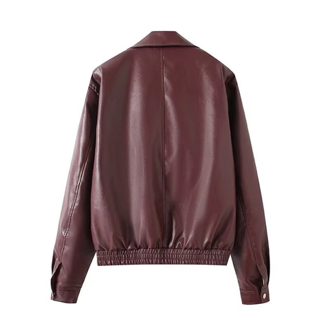Dames Bourgondië PU Leer Jas Revers Rits Lange Mouw Baseball Stijl Bovenkleding Met Elastische Zoom Streetwear