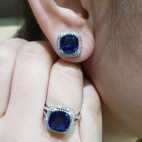 Elegante Quadratische Blaue Zirkon Schmuckkollektion Für Damen Kupfer Halskette Ohrringe Ring Halo Luxus