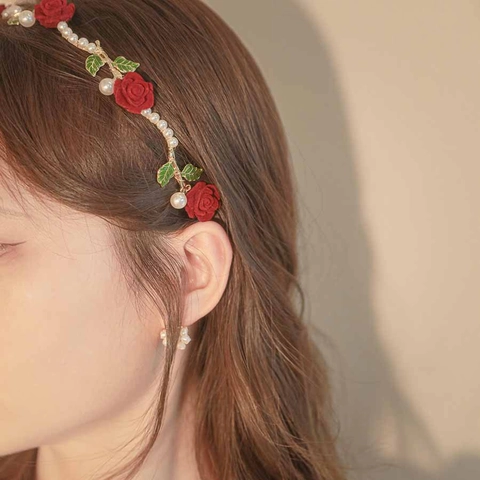 French Retro Rose Artificial Pearl Headband Elegant Fabric Flower Metal Wire Vintage Hair Hoop For Women Wedding Party Accessories