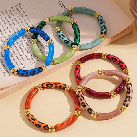 Leopard Print Acrylic Resin Tube Bracelets With Golden Metal Spacers Marble Pattern Elastic Stretch Hand Jewelry For Women