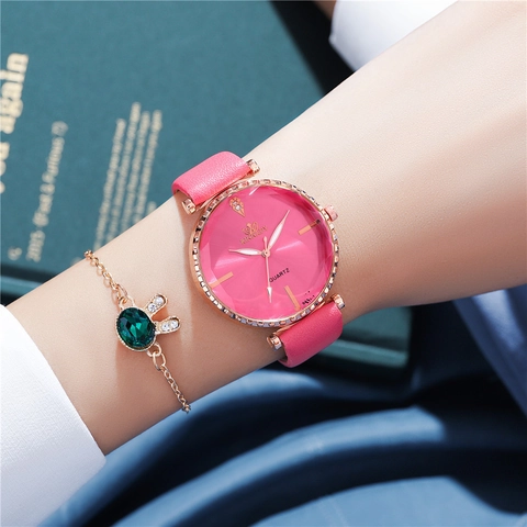 Women Quartz Watch PU Leather Strap Alloy Case Rhinestone Simple Fashion Sunburst Dial Analog For Lady