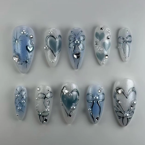 Blue Gradient Almond Press On Nails With 3D Metallic Bows And Artificial Pearls Heart Starburst Rhinestones Fashion Fake Nails