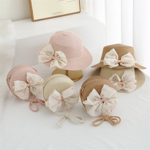 Cappello Di Paglia Per Bambini E Borsa A Tracolla Rotonda Pizzo Fiocco Floreale Estate Protezione Solare Stile Dolce Per Ragazze
