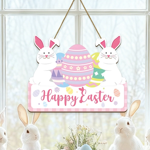 Ostern Holz Hängeschild Doppel Kaninchen Umarmung Bunte Eier Frohe Ostern Festival Tür Wand Deko Party Ornament