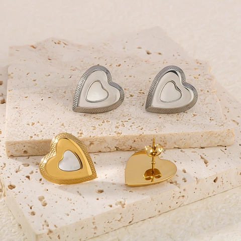 Hart Oorbellen 18K Verguld Roestvrij Staal Witte Kunstparelmoer Inleg Elegante Sieraden Dames