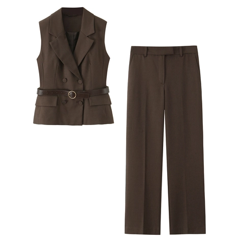 Women Casual Dark Brown Polyester Suit Set Double Breasted Sleeveless Vest Waistcoat With Belt And Straight Leg Pants
