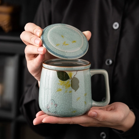 Tazza Da Tè In Ceramica Con Coperchio E Infusore Smalto Crackle Dipinta A Mano Motivo Coniglio Di Giada Osmanto Stile Cinese Vintage Ufficio