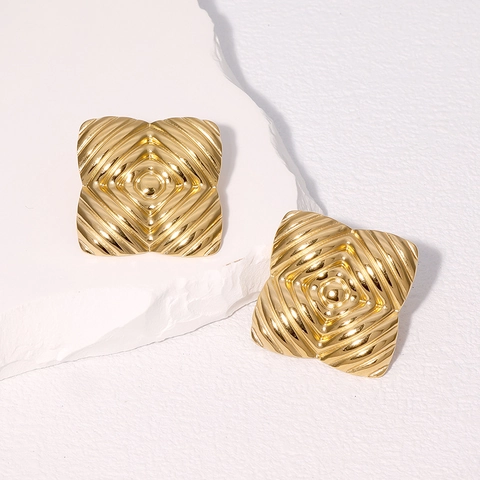 Orecchini A Lobo Quadrati Texturizzati In Acciaio Inossidabile Placcato Oro 18K Gioielli Geometrici Vintage Per Donna