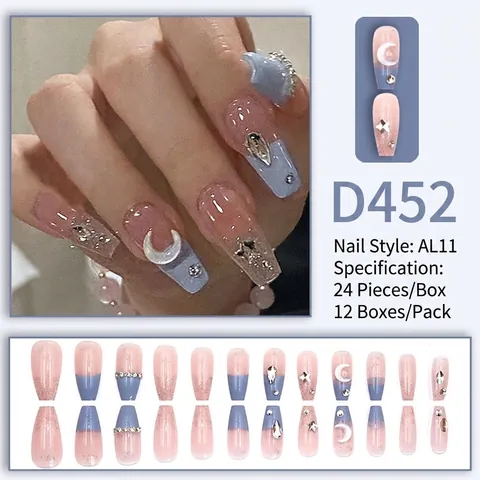 Long Press On Nails Blue Pink Gradient Moon Star 3D Rhinestone Full Cover Artificial False Nails For Women