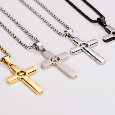 Collar De Cruz Acero Inoxidable 304 Grabado Oración Del Señor Escritura Colgante Hueco Joyería Religiosa Para Hombres