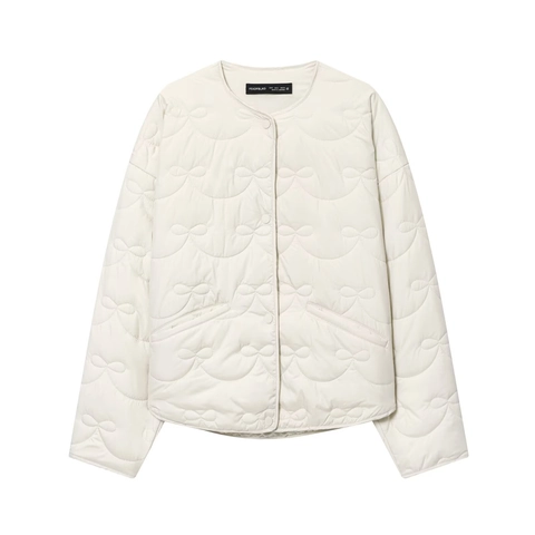 Veste Matelassée Femmes Motif Noeud Col Rond Boutonnage Simple Manches Longues Décontracté Léger