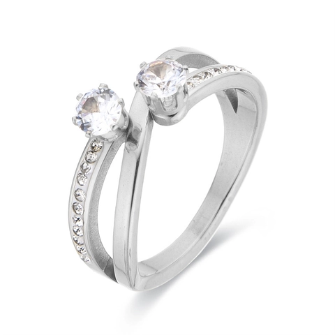 Stainless Steel Double Layer Cross Ring Inlaid Crystal Luxury Fashion Jewelry For Women Elegant
