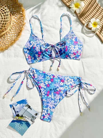 Bloemenprint Bikini Top Met Broekje Met Strikjes Geruwd Spaghettibandjes Schelpdecoratie Voor Dames Strand Badmode