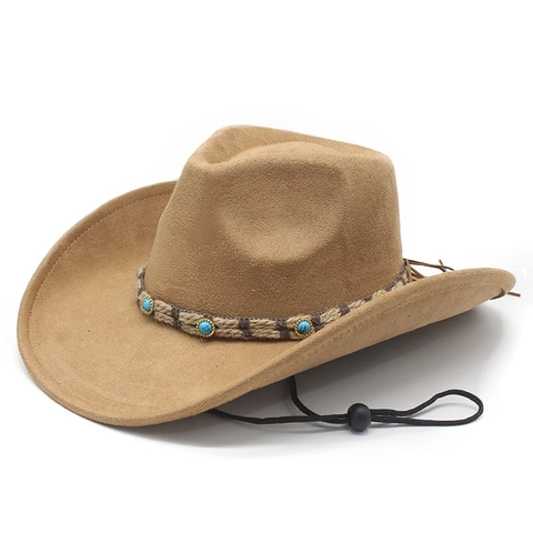 Western Cowboy Hat Suede Wide Brim Ethnic Turquoise Braided Band Adjustable Windproof Rope Retro Sun Protection