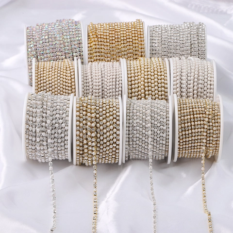 Copper Rhinestone Artificial Pearl Claw Chain For DIY Jewelry Making Wedding Dress Decoration Handmade Craft Accessory Gold Silver Base Chain