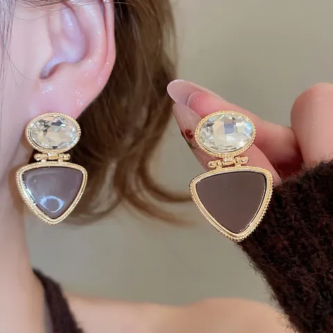Boucles D'oreilles Pendantes Triangle Cuivre Doré Avec Strass Et Tige En Argent Sterling 925 Style Palais Pour Femmes
