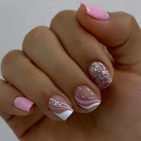 Pink Wellenmuster Press On Nails Mit Glitzer Schimmer Französischer Stil Künstliche Falsche Nägel Elegante Maniküre